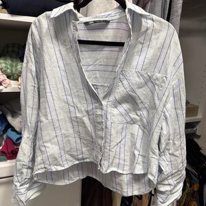 Zara Light Blue and White Striped Button-Down Shirt